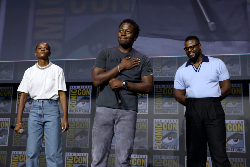 SAN DIEGO, CALIFORNIA - JULY 25: (L-R) Letitia Wright, David Jonsson and Winston Duke speak onstage during the Marvel Studios Panel at 2026 San Diego Comic-Con on July 25, 2026 in San Diego, California. (Photo by Jesse Grant/Getty Images for Disney)