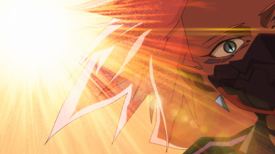 "Anime-style character with spiky pink hair, blue eye, and black mask, shown close up as sunlight shines brightly in the background, creating dramatic light flares."